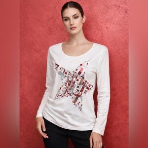 Escada White Long Sleeve Top with Red Star Design